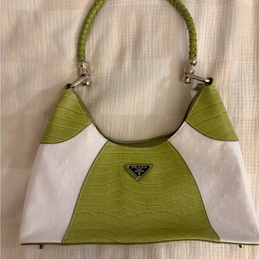 Prada Lime Green and White Shoulder Bag